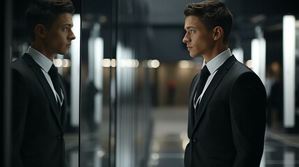 Businessman looking at his reflection in a mirror - confident and ready - well-dressed - stylish fashion 