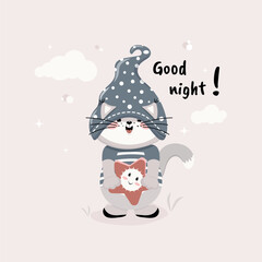 A cute kitten and a star. Vector design for an invitation to a children's party, a good night card, a poster for a children's room, a print on a children's T-shirt and much more.