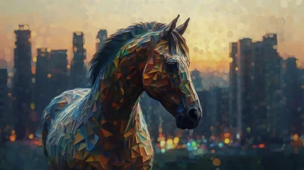 Foto op Canvas In front of a cityscape a horse with turned head pain.Generative AI © shuvodesign
