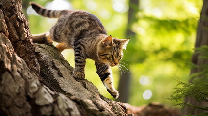 A cat skillfully descending a tree trunk. - obrazy, fototapety, plakaty