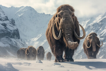 A winter scene featuring a herd of mammoths in a snowy landscape, with a focus on their fur and powerful presence.