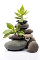 Fototapeta na wymiar Tranquil pebble and stone stack with green succulent, symbolizing balance and meditation in nature.