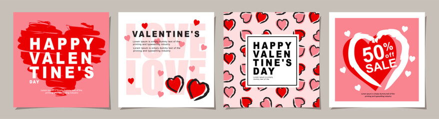 Happy Valentines Day square banner for social media posts, mobile apps, banners, digital marketing, sales promotion and website ads. Vector backgrounds, geometric style with hearts pattern.