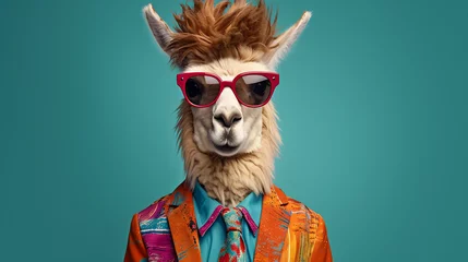 Gordijnen Cool looking llama or alpaca wearing funky glasses © Abdulmueed