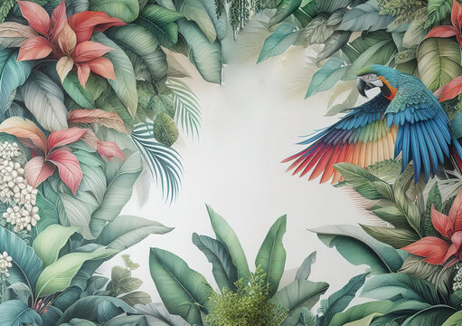Rainforest mural, illustration style, Created ai generated