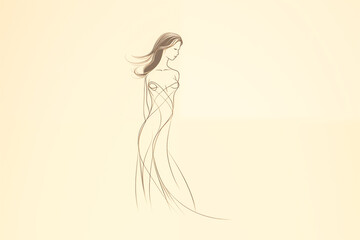 Delicate line art of a woman standing, one hand lightly touching her hip, her head turned slightly to the side.