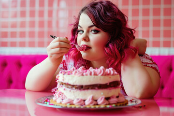 Very fat girl eats delicious brownies health harms of sugar consumption