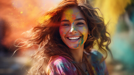 Portrait of a beautiful young woman with curly hair on the background of holi color festival