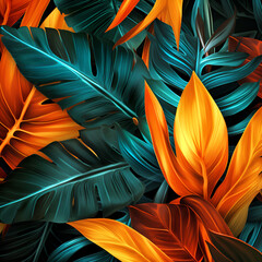 Colorful green orange tropical leaves abstract floral background with flowers