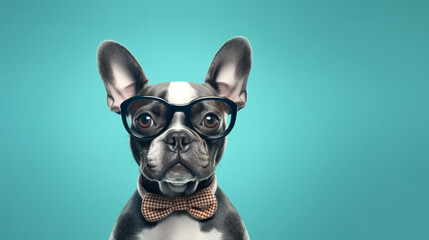 Fench bulldog with black glasses and bow around his neck, Generative AI
