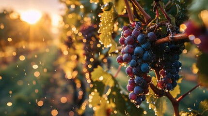 morning dew on grapes, macro shot, among the vines, sunrise on vineyard, glistening dew and grape...