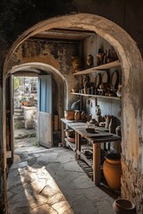a room with a table and shelves with pottery