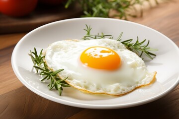 Scrumptious fried egg with golden yolk on white plate, isolated on clean white background