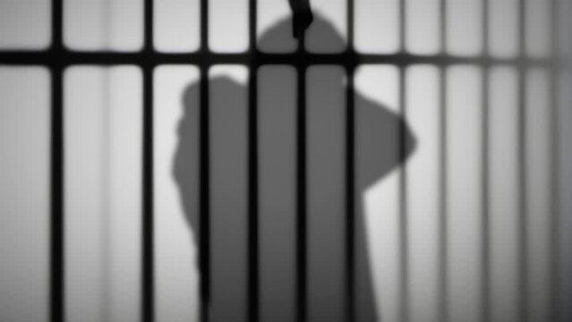 The grey silhouette of a man: walking, stopping to hide his face under the hood, going on incognito. Jailed behind silhouetted bars, projection over white wall.

