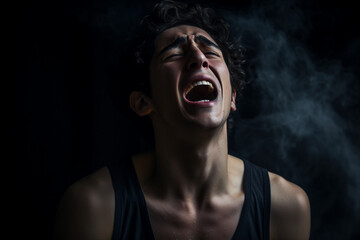 Young man experiencing mental anguish and screaming against a black background