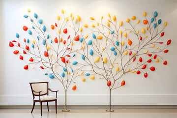 Colorful metal tree wall art with vibrant leaves in a modern interior setting