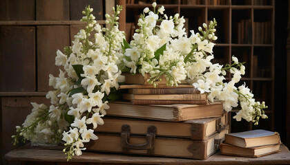 Fototapeta na wymiar A group of books with white flowers