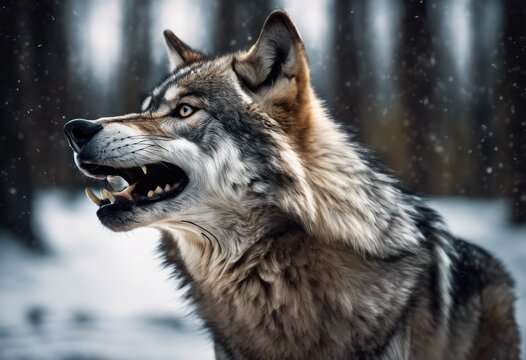 Close-up of the grin of an evil wolf on a white background.