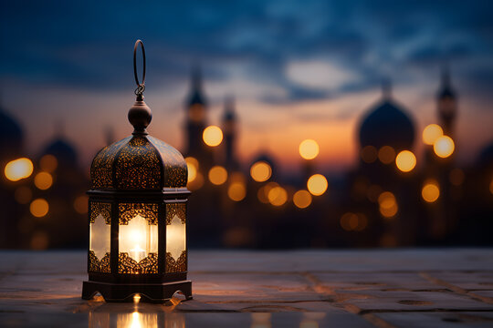 Islamic lantern on blurred mosque background, for ramadhan, eid al fitr and adha. copy space