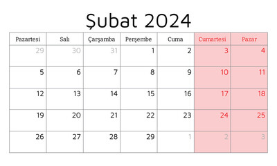 February 2024 TURKISH calendar. Vector illustration. Monthly planning for business in Turkey