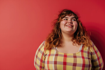 Fototapeta premium Very fat girl smiling on coloured background, overweight problem