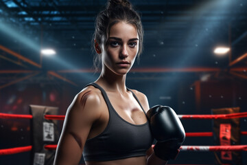 Fototapeta na wymiar Young woman boxing. mixed media 3d black realistic abstract background