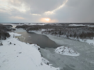 Estonia nature, winter scene, frozen lake, drone photo.