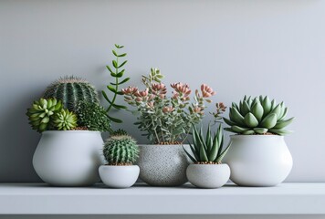 Planters for photo frame on white shelf with succulents