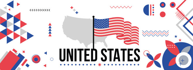 USA national or independence day banner for country celebration. Flag and map of United states with raised fists. Modern retro design with typorgaphy abstract geometric icons. Vector illustration.
