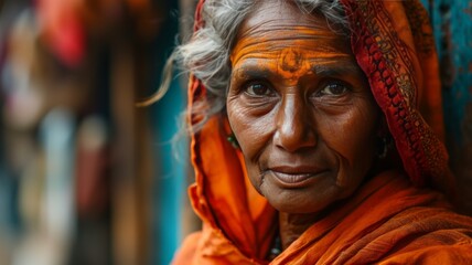 Indian senior woman looking at camera - obrazy, fototapety, plakaty