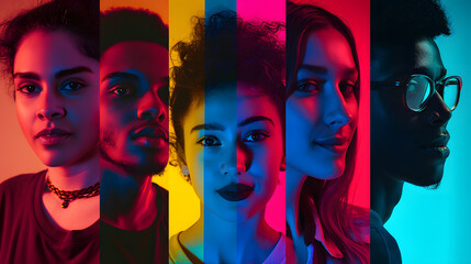 Cropped portraits of group of people on multicolored background in neon light. Collage made of 7 models - Powered by Adobe