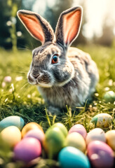 easter bunny and easter eggs on a meadow