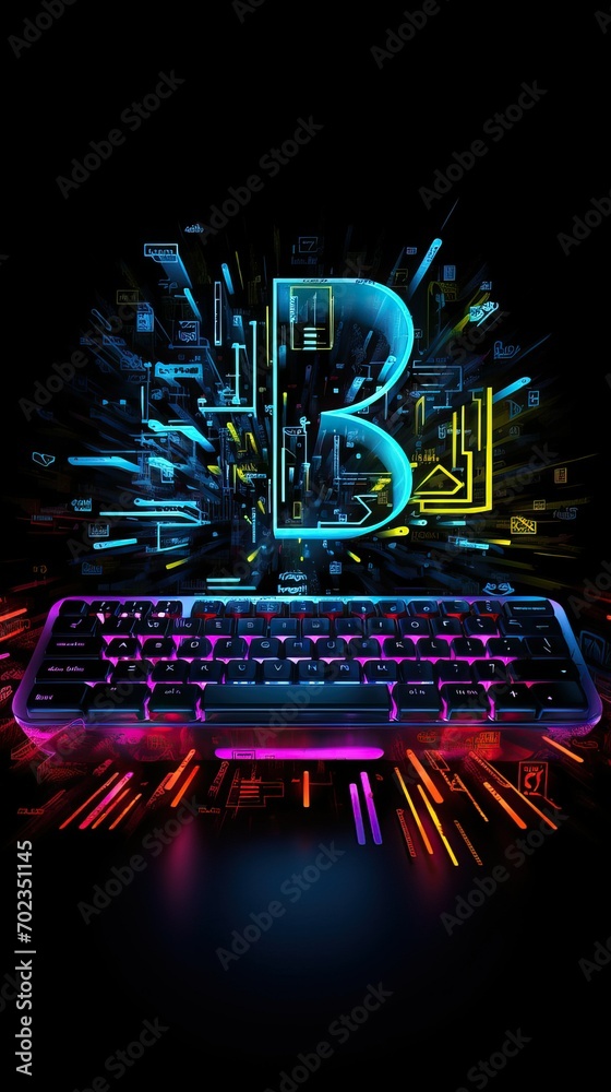 Canvas Prints Dynamic Bitcoin Symbol Illuminated on Futuristic Circuit Board with Keyboard