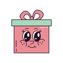Merry Christmas and Happy Valentine's Day retro vintage gift box character in trendy funky retro cartoon groovy style. Vector illustration of pink romantic cute mascot present box