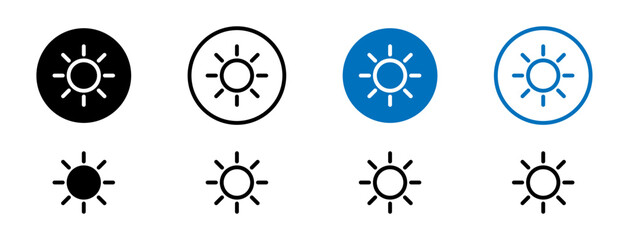 Brightness line icon set. Sunlight intensity adjuster symbol in black and blue color. - obrazy, fototapety, plakaty