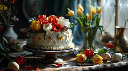 Obraz na płótnie Canvas Easter Cake Painted Eggs Tulip Flowers, Background HD, Illustrations