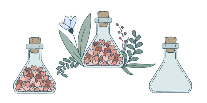 Stoppered glass bulb with love potions and heart inside with floral elements. Vector clip-art illustration on a white background.