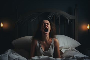 Woman screaming in bed expressing insomnia or depression pain.