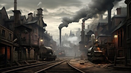 Vintage Steam Trains in an Industrial Revolution Era Town at Dusk - obrazy, fototapety, plakaty