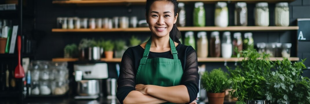 Smiling asian woman shop worker in supermarket female assistant manager with vegetables and fruits