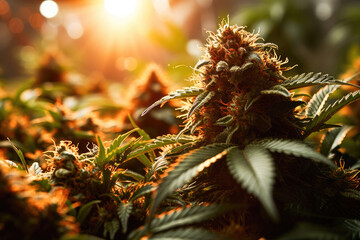 A lush cannabis plant bathed in sunlight, showcasing a mature bud ready for medical or recreational use. - obrazy, fototapety, plakaty