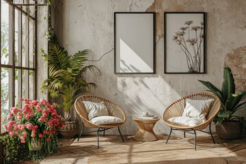 Coastal Luxury Living Room Interior with Rattan Chairs, Flowers, and Poster Mockup