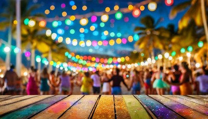 Fototapeta na wymiar base mesa de madeira com fundo colorido festa, carnaval, alegria, pessoas, dança