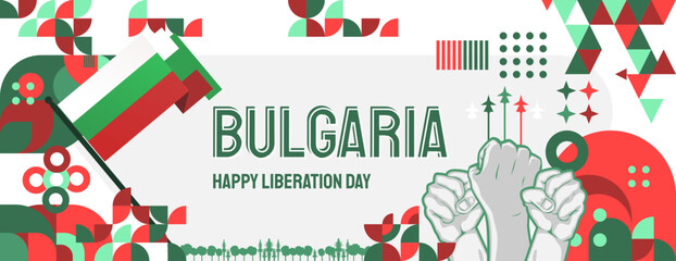 Naklejka premium Bulgaria National day banner in colorful modern geometric style. Happy independence day liberation greeting card cover with typography. Vector illustration for independence party.