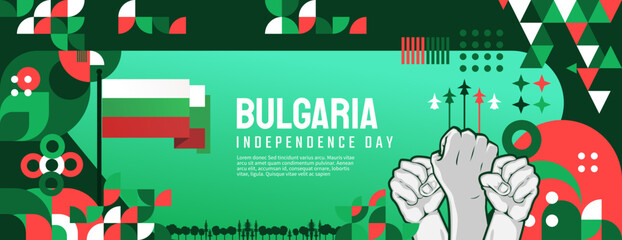 Bulgaria National day banner in colorful modern geometric style. Happy liberation day greeting card cover with typography. Vector illustration for independence party.
