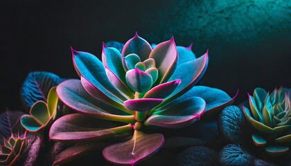 planta suculenta com cores neon em fundo escuro