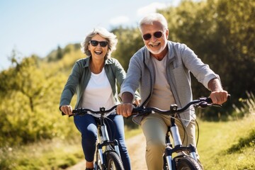 A senior couple having fun with their electric bikes.