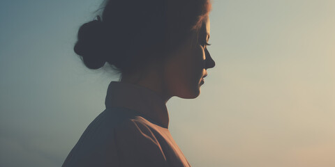 Majestic profile of a woman with a bun, highlighted by a sunset backdrop