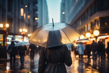 A woman with an umbrella in a busy city on a rainy day.
