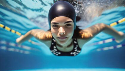Young woman in goggles and cap swimming underwater in pool